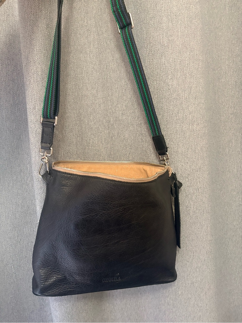 Consuela Black Leather Crossbody with Green-Trim Strap and Tan Interior